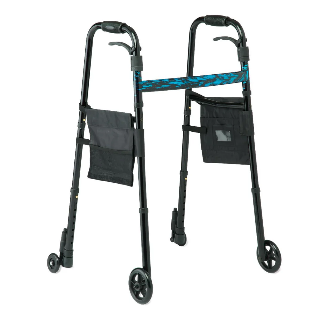 Medline Folding Trigger Walker with 5" Wheels and Side Bags