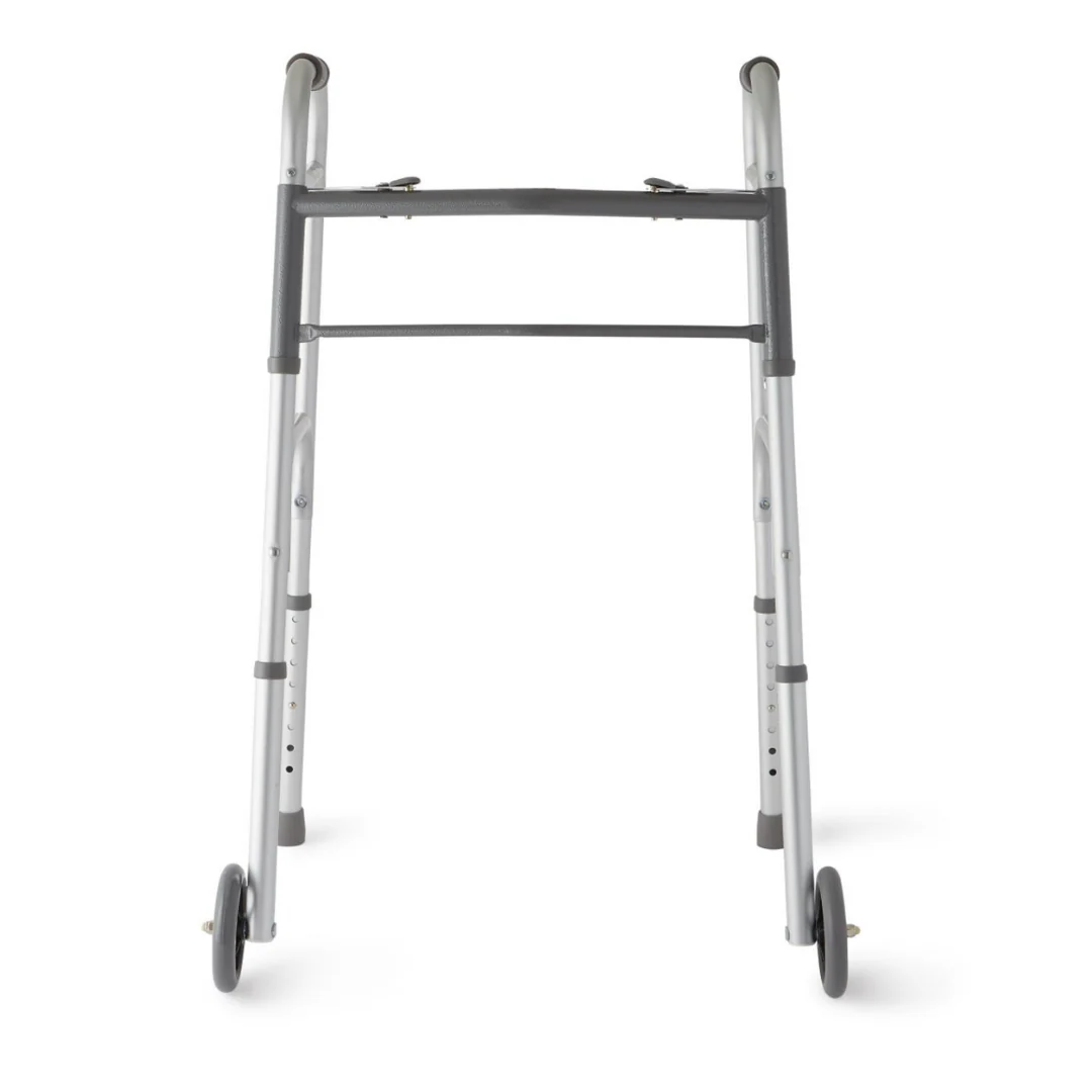 Medline Two-Button Folding Walker with 5" Wheels - Image 3