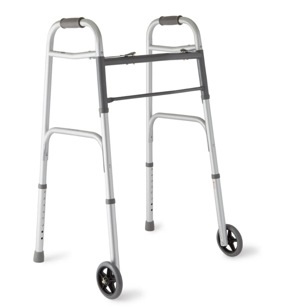 Medline Two-Button Folding Walker with 5" Wheels - Image 4